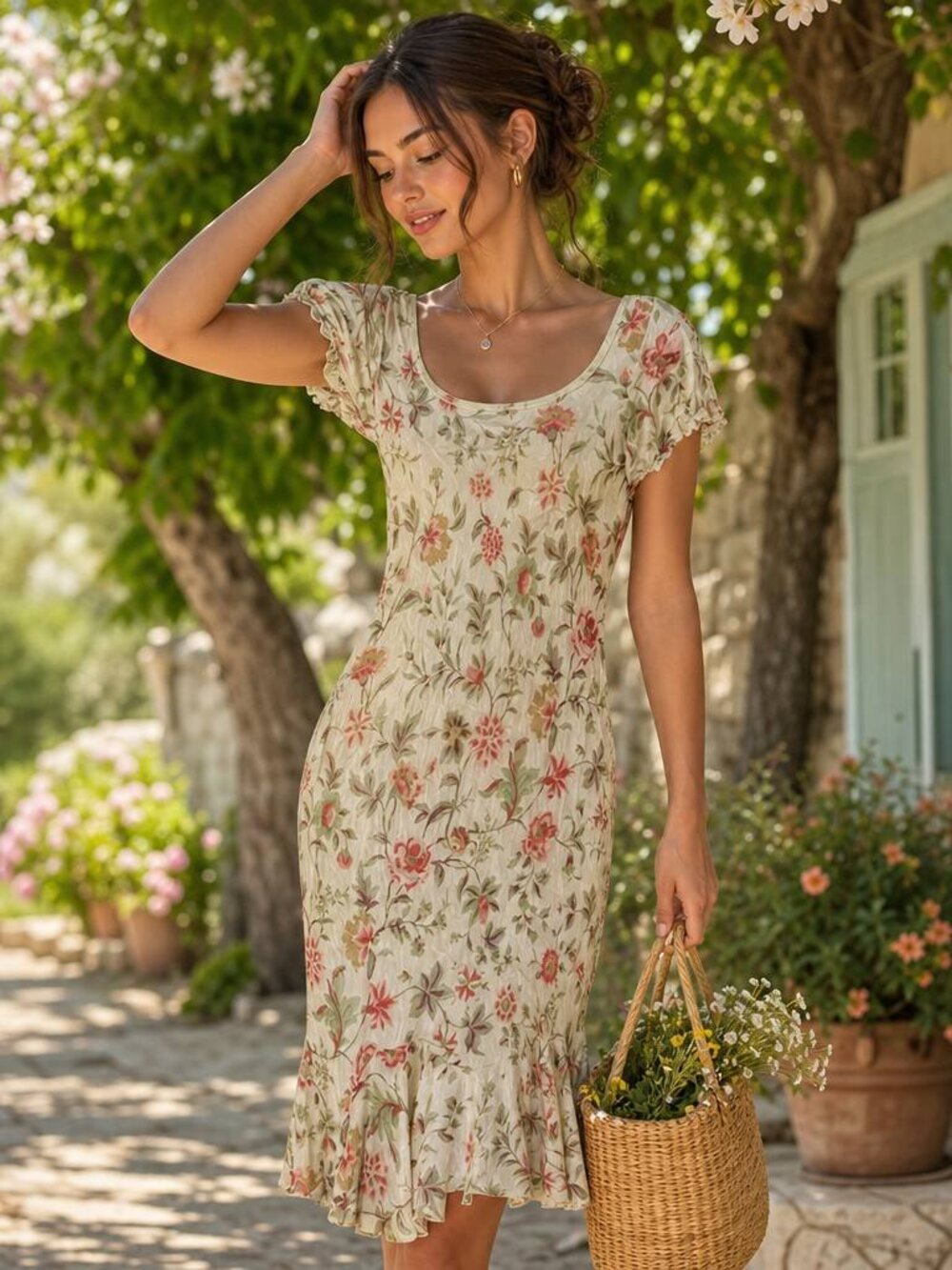 Chadwicks Cream Floral Scoop-Neck Midi Dress with Pink & Green Blooms - Size 8P